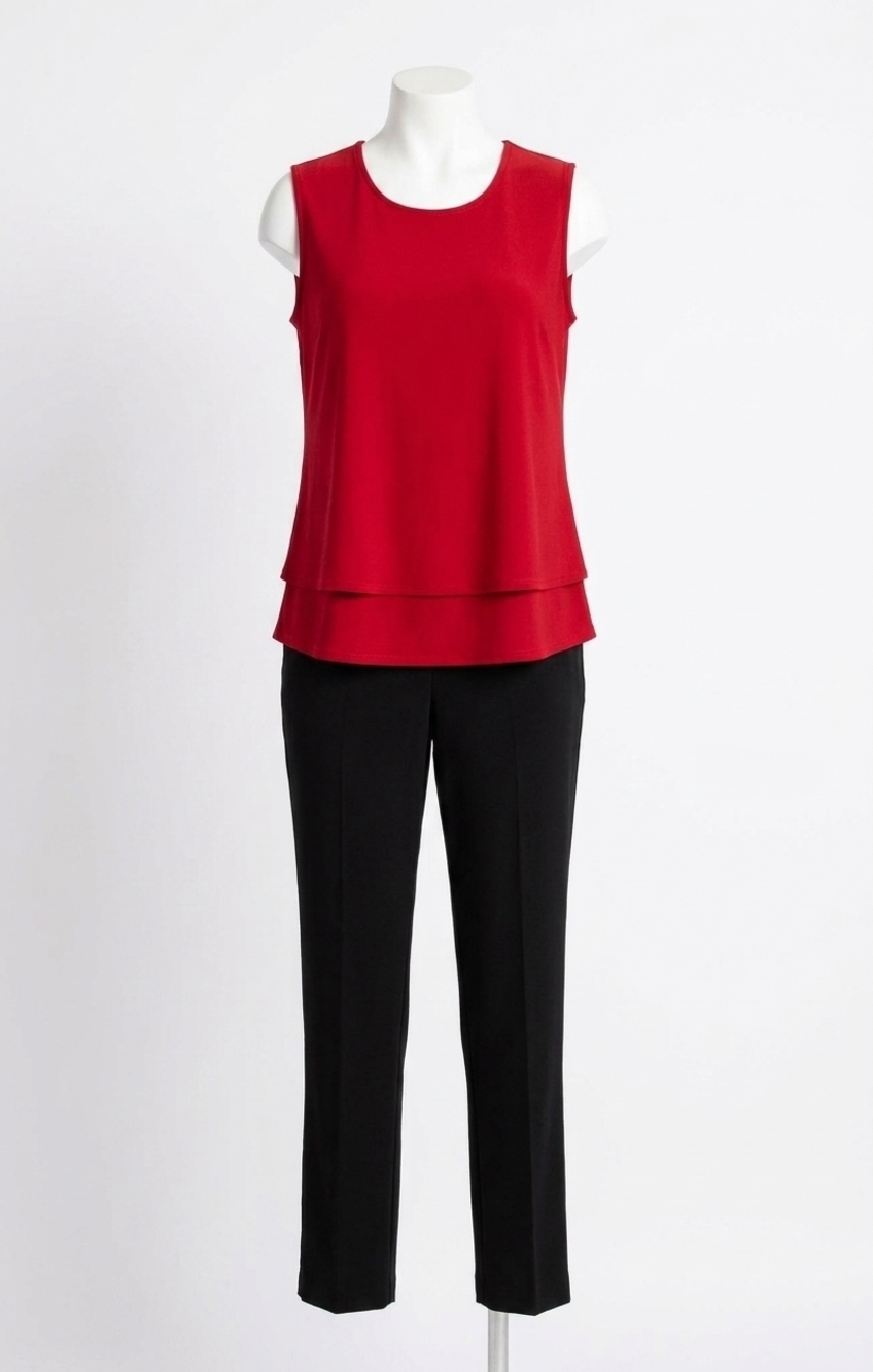 NEW SYMPLI sleeveless double layer shell top with jewel neck in poppy